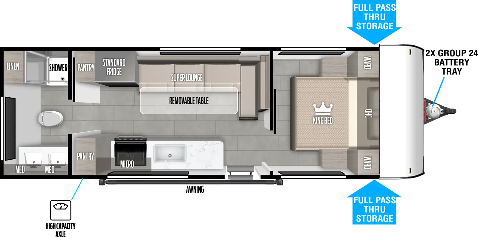 The Salem FSX 233RBLE has one entry and zero slide outs. Exterior features include: metal or fiberglass exterior. Interiors features include: front bedroom and rear bathroom.